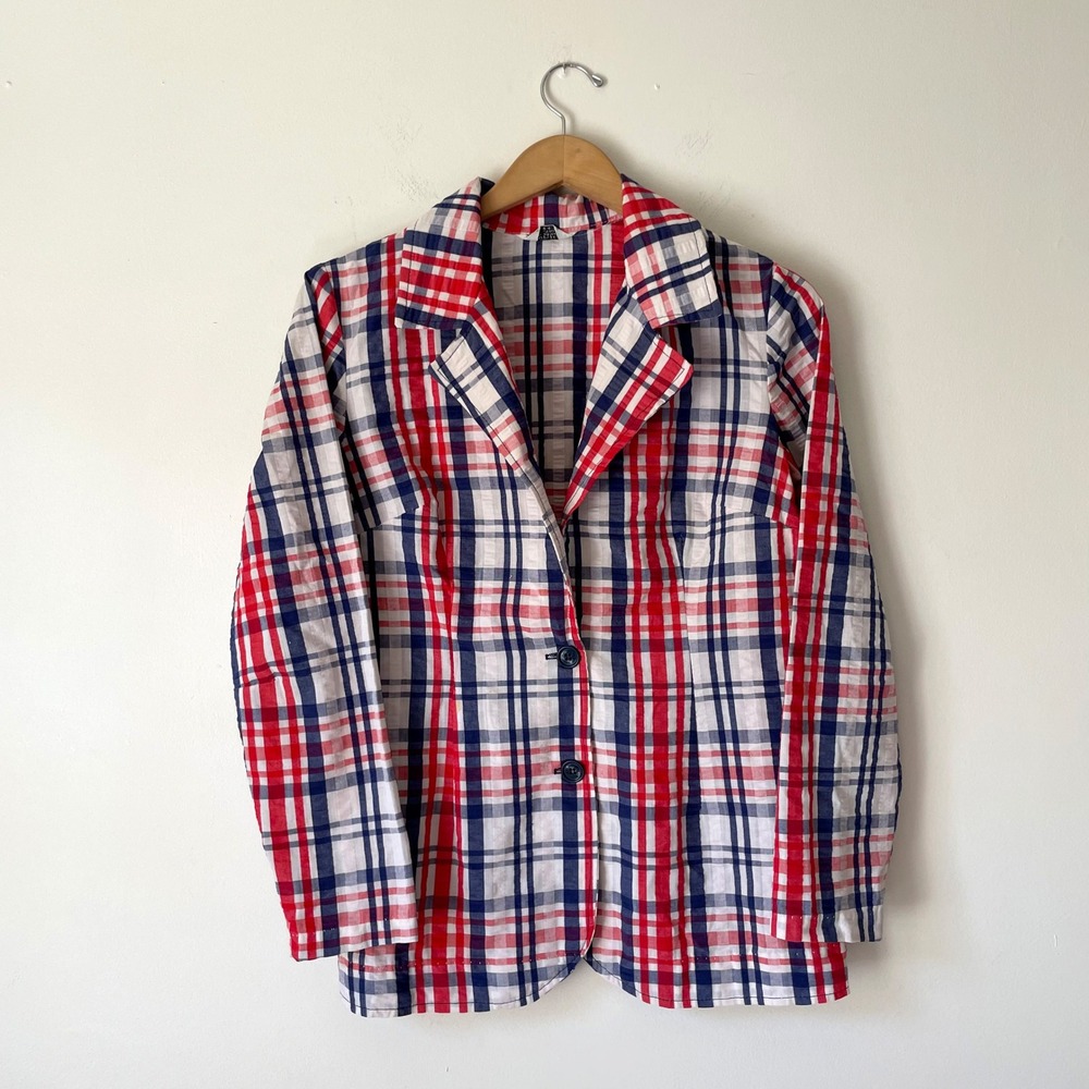 Vintage Plaid Seersucker Blazer Jacket Womens Small Americana Preppy Lightweight